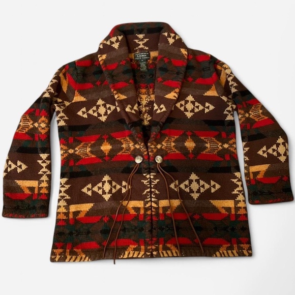 Vintage Aztec Print Ralph Lauren hand knit lambs wool cardigan sweater - Picture 1 of 9
